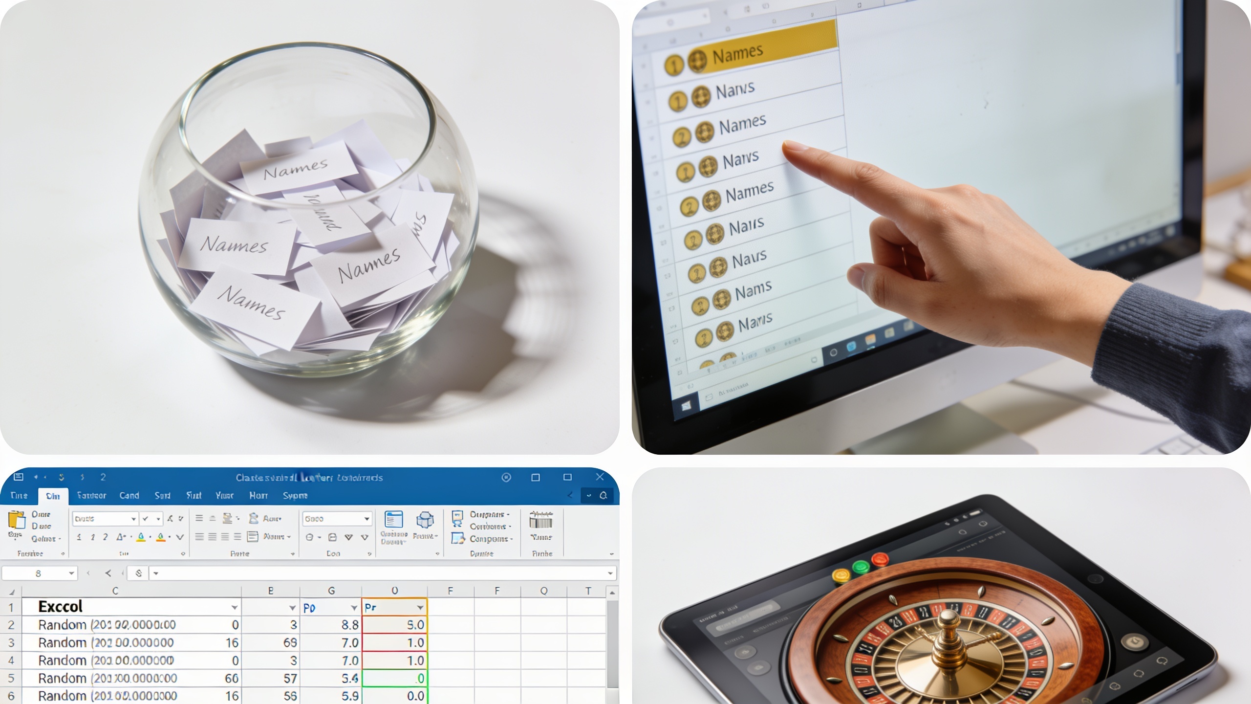 Collage horizontal de los métodos caseros para elegir ganador: bol de papelitos, dedo señalando pantalla, hoja Excel y ruleta online.